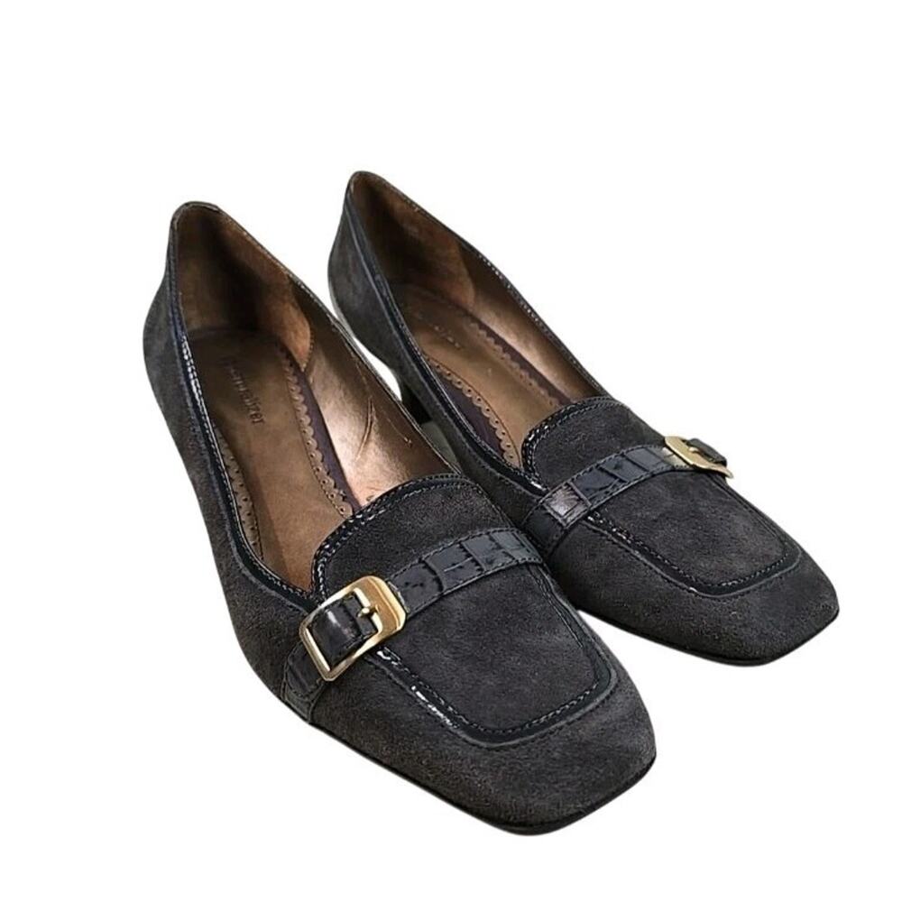 Naturalizer Quaint Women Gray Suede Kitten Heel Shoe 9.5 Gold Buckle Crocodile
